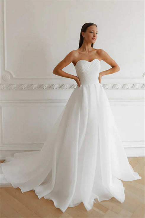Elegant Off The Shoulder Pleat Sweetheart Wedding Dresses with Long Puff Sleeves and Side Slit