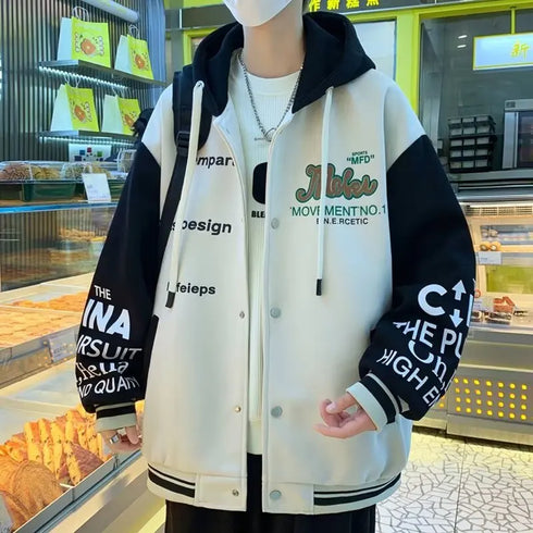 Men's Casual Hooded Jacket M-6XL - Spring and Autumn Korean Fashion Loose Fit Coat with Baseball Jersey Style and Letter Pattern