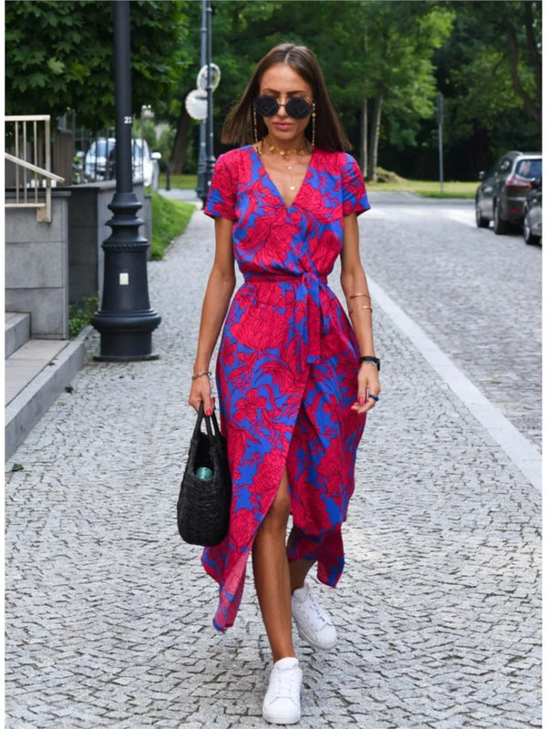 Women Floral Print Summer V Neck Split Lace-up Dress Casual Elegant Beach Dress