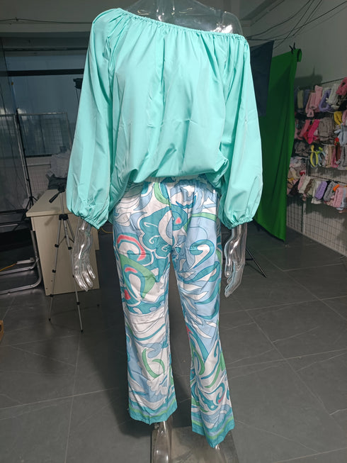 Grace One Shoulder Loose Long Sleeved T Shirt Set With Printed Wide Leg Trousers For Women