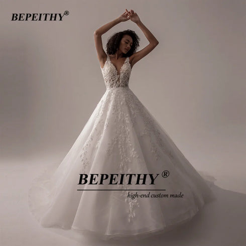 BEPEITHY Customized V Neck Sleeveless Wedding Dresses A Line Bridal Gown