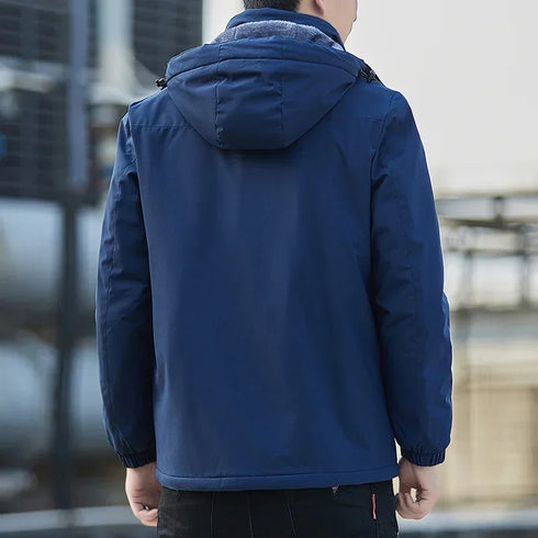 Plush Waterproof Autumn Winter Jacket for Men - Casual Windproof Coat with Detachable Hood and Rib Sleeves, Perfect for Daily Wear and Spring Cotton Comfort