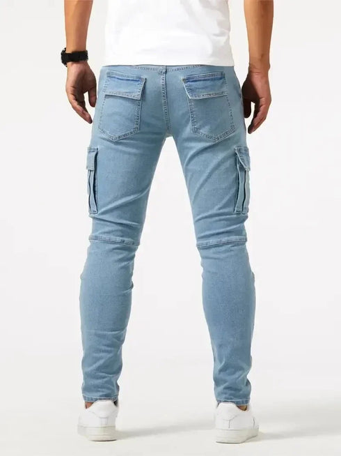 Elastic Denim Cargo Jeans For Men Slim Fit With Pockets Daily Wear
