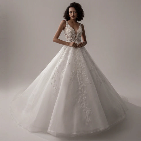 BEPEITHY Customized V Neck Sleeveless Wedding Dresses A Line Bridal Gown