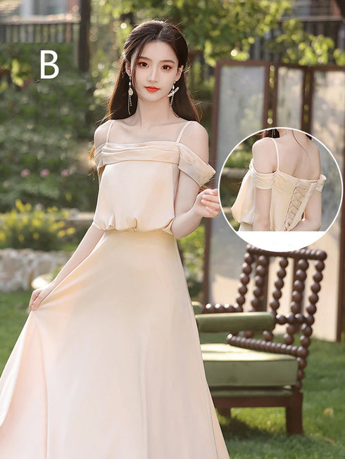 Bridesmaid Dress Satin Off-Shoulder Ruffle A-Line Floor-Length Lace-Up Gown Wedding Dress