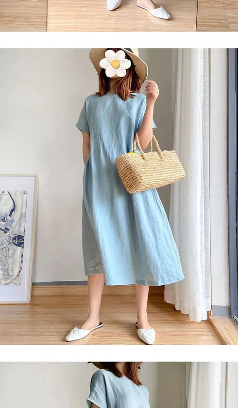 Loose Fit Slimming Cotton Linen Dress for Women Summer Plus Size Mid-Length Skirt