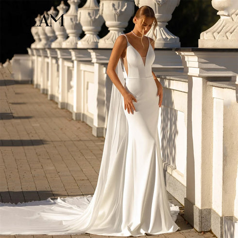 Mermaid Beading Wedding Dress Backless V Neck Spaghetti Straps Floor Length Gown With Shawl