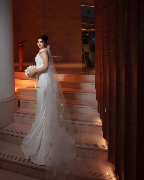 Elegant Halter Thick Satin Mermaid Wedding Dresses Sweep Train Custom Made