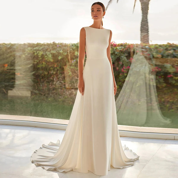 Customized Pure Ivory O-Neck Jersey Wedding Dresses with Open Back Sweep Train Minimalist Pleats Crystal Sleeveless Bridal Gowns