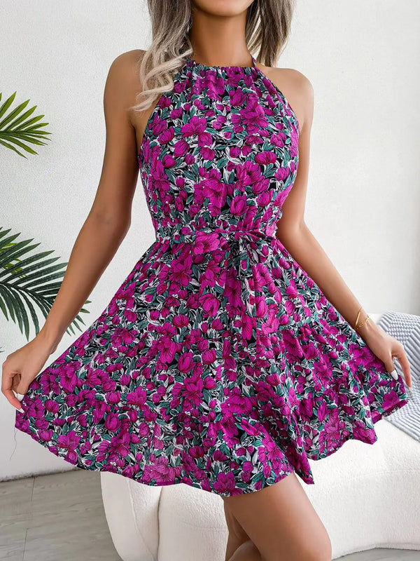 Women Summer Casual Floral Print Ruffle Halter Dress Outfit