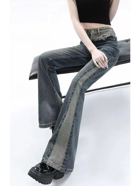 Vintage Y2K Inspired Low Waist Flare Jeans for Women - Perfect for Fall Outfits and High Street Style with Embroidery and Distressed Details