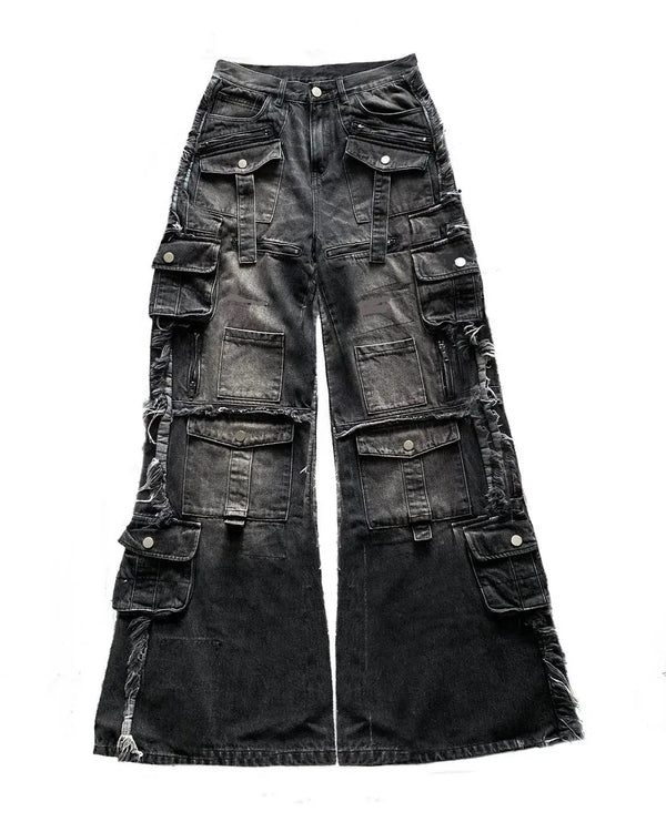 Gothic Harajuku Y2K Multi-Pocket Washed Black Jeans Men Wide Leg Pants