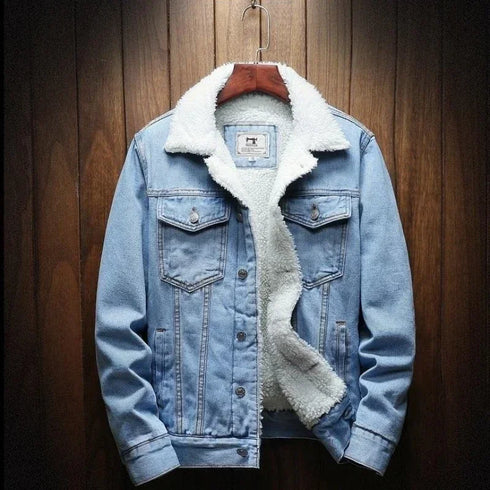 Men's Slim Fit Denim Jacket with Warm Padding - Stylish Padded Jeans Coat for Winter Casual Wear, Featuring Detachable Lower Edge and Turn-down Collar
