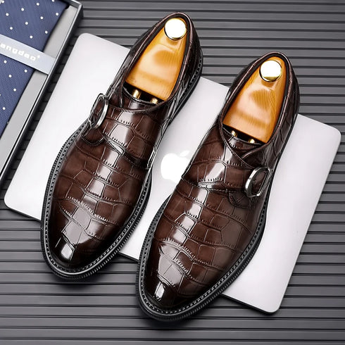 Formal Men's Loafers Handmade Leather Casual Footwear Driving Shoes with Metal Buckle