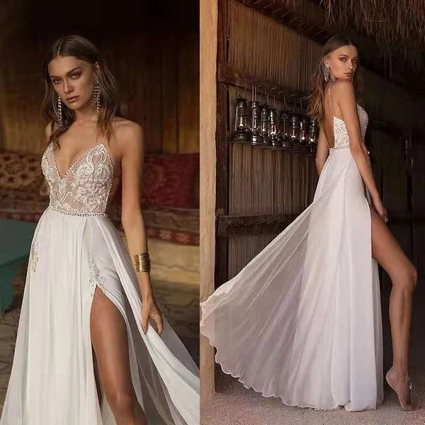Backless Beach Wedding Dress With V Neck Spaghetti Straps Lace Appliques Chiffon Floor Length Bridal Gown