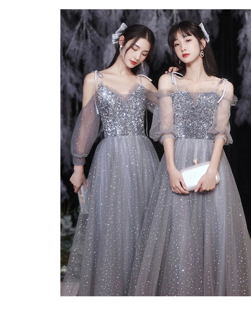 Off Shoulder Lace Illusion A Line Dress Floor Length Glitter Tulle Bow Bridesmaid Dress