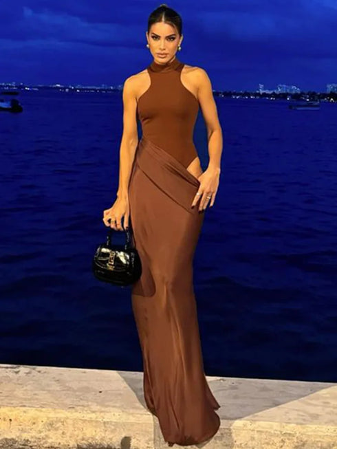 JULISSA MO Satin Sexy Hollow Out Maxi Dress for Elegant Parties