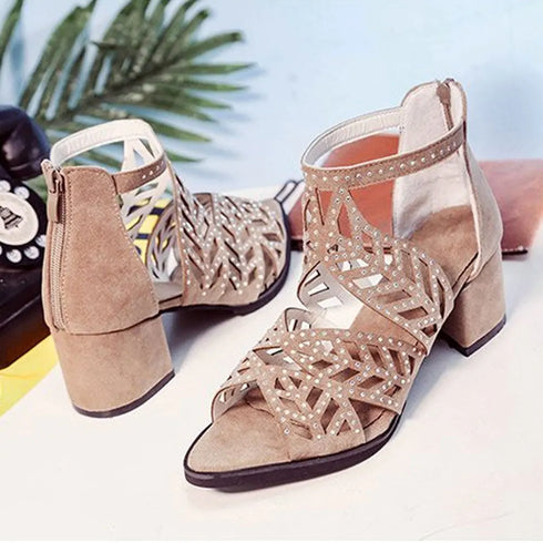Rhinestone Faux Leather Hollow Out Thick Heel Sandals