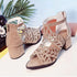 Rhinestone Faux Leather Hollow Out Thick Heel Sandals