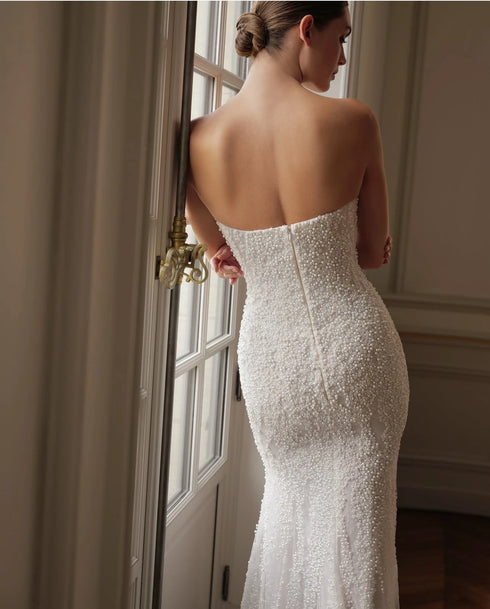 Customized Strapless Mermaid Wedding Dress with Beaded Detachable Train and Lace Up Back