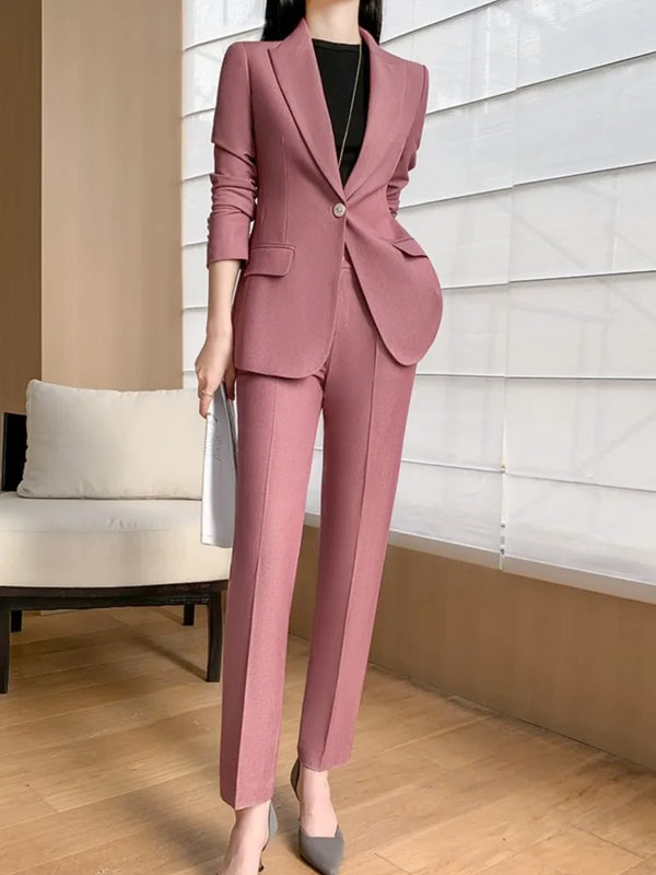 Elegant Women's Vintage Formal Pantsuit with Chic Blazer and Straight Pencil Pants for Office and Interview - Two Piece Outfit Set