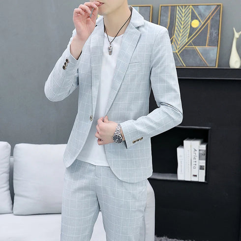 Korean Slim Fit Two-Piece Suit Set for Men Casual Trendy British Style Coat and Trousers