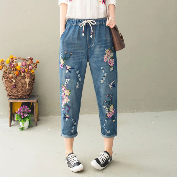 Womens Vintage Floral Loose Denim Pants Casual Ripped Jeans