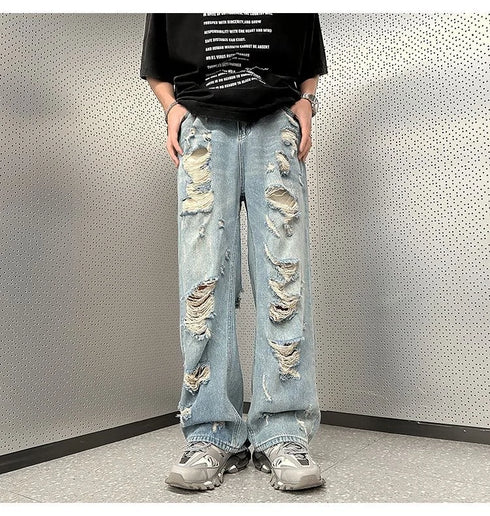 High Street Ripped Jeans Men's Clothing Wide Leg Trousers