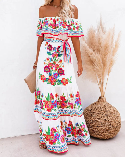 Elegant One-shoulder Short-sleeved Dress For Women Fashion Splicing Floral Print Dresses