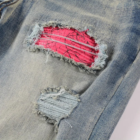Men's Distressed Biker Jeans with Ripped Patchwork and Stretch Fit