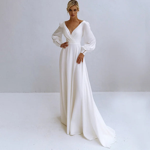 Customized V-Neck Wedding Dress Long Sleeve A-Line Pleats Simple Chiffon Bride Gown Backless Zipper Train