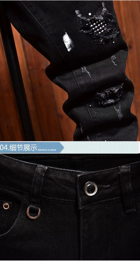 Retro Ripped Black Stretch Jeans Men's Casual Comfort Pants