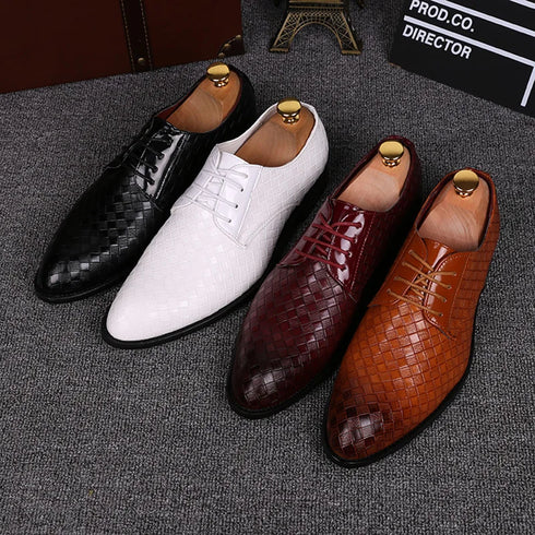 Elegant Plaid Pointed Toe Lace-Up Men's Leather Oxfords - Stylish Casual Business Dress Shoes for Formal Occasions