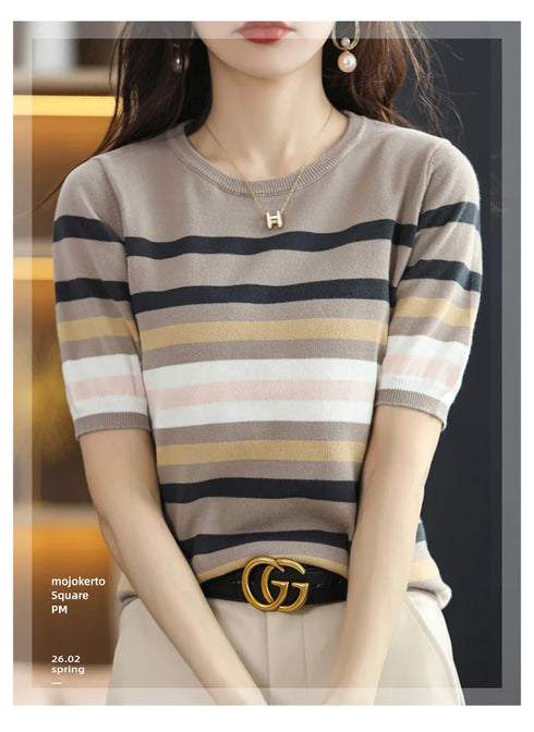 Summer Short Sleeve Women's O Neck Slim Cotton Striped Pullover Knit Sweater Top