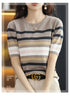 Summer Short Sleeve Women's O Neck Slim Cotton Striped Pullover Knit Sweater Top