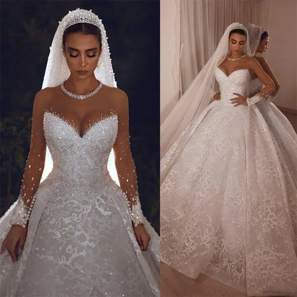 Beaded Wedding Dress Bridal Gown Arabic Lace Sheer Long Sleeve Luxury Crystal Accents