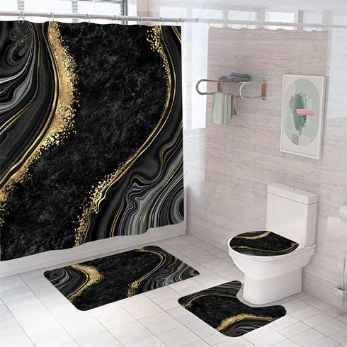 4 Piece Doormat Shower Curtain Set with Non-Slip Rugs Toilet Seat Cover and Bath Carpet for Bathroom Decor