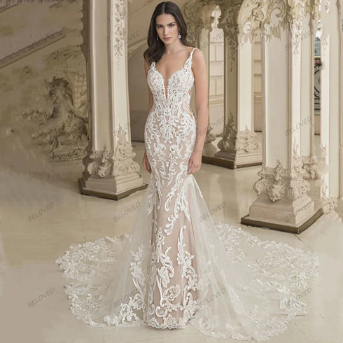 Classic Wedding Dresses Elegant Bridal Gowns Lace Appliques V-Neck Sheath Mermaid Sexy Styles