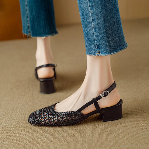 Woven Square Toe Mid Heel Sandals For Women Stylish