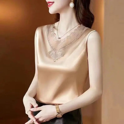 Korean Lace Hollow V-neck Sleeveless Office Tank Top for Women