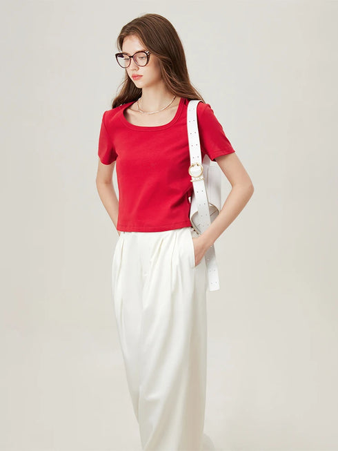 FSLE【4 Colors】Women Round Neck Casual Grey Summer T-Shirt Black Cotton Square Neck Short Sleeve Elastic Tees 24FS12797+24FS12798