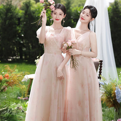 Off Shoulder Bridesmaid Dress Elegant Bubble Sleeve Floral Print Aline Gown For Party