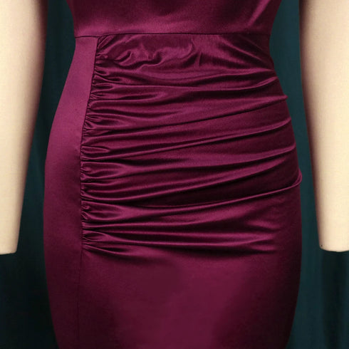 Women Dress Pleated Long Elegant Slit High Collar Maxi Gowns Party