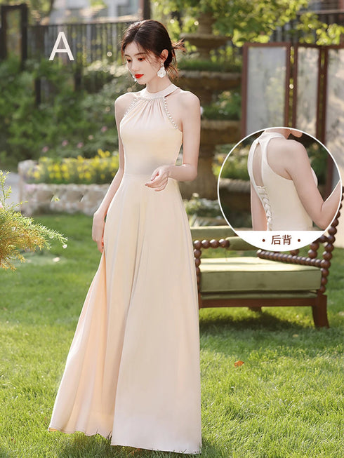 Bridesmaid Dress Satin Off-Shoulder Ruffle A-Line Floor-Length Lace-Up Gown Wedding Dress