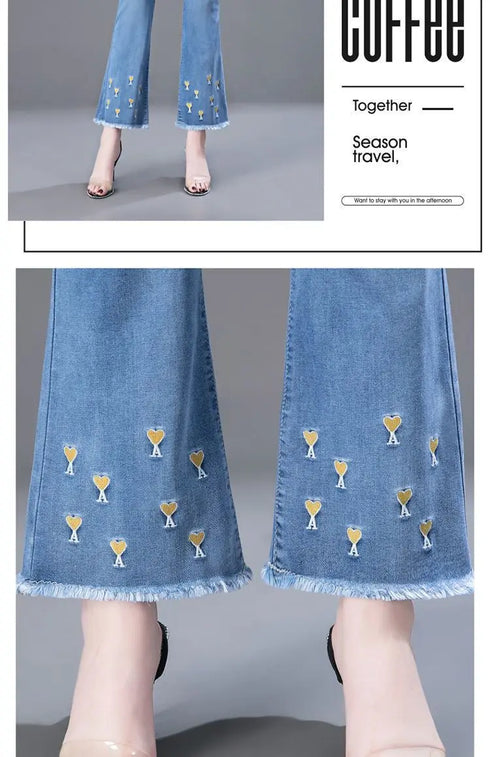 Casual Flared Jeans for Women - Spring Summer Korean Fashion with Embroidery and Elastic Waist - Perfect Outfit Ideas for Streetwear and Fall Jeans Outfits