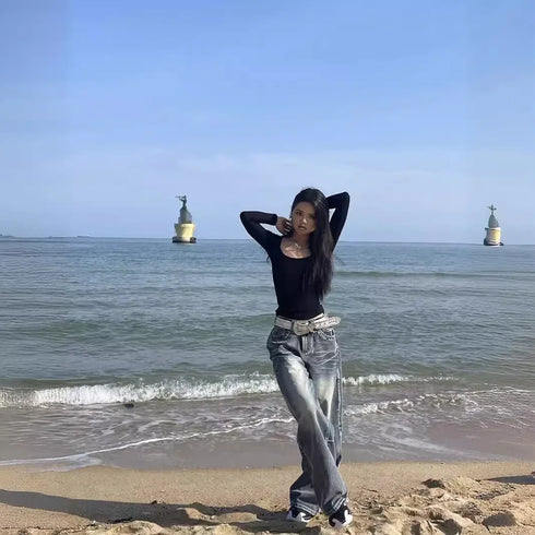 90s Grunge High Waist Wide Leg Denim Pants for Women - Casual Streetwear Style, Perfect for Fall Outfits with Jeans, Oversized Baggy Look