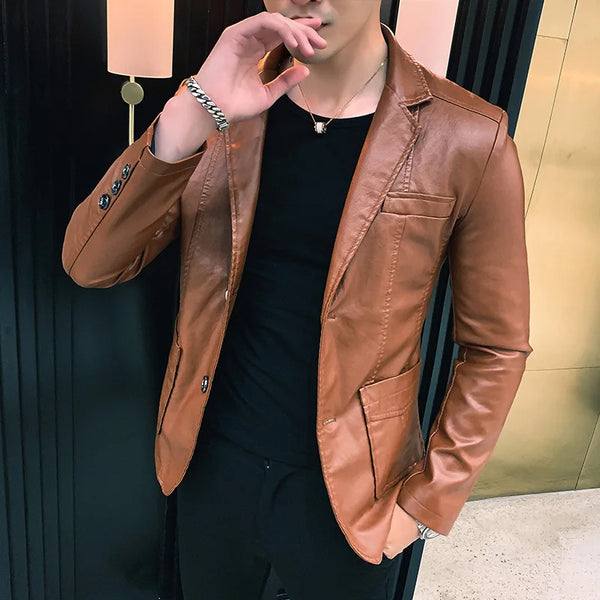 Stylish Men's Slim Fit Leather Blazer Jacket for Autumn and Winter - Trendy Korean Design in PU Leather for Casual Wear