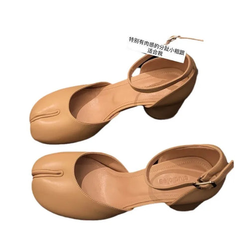 Chic Women's Tabi Ninja Mary Jane Pumps with Round Split Toe Design - Stylish Thick Heel Sandals for Spring and Autumn