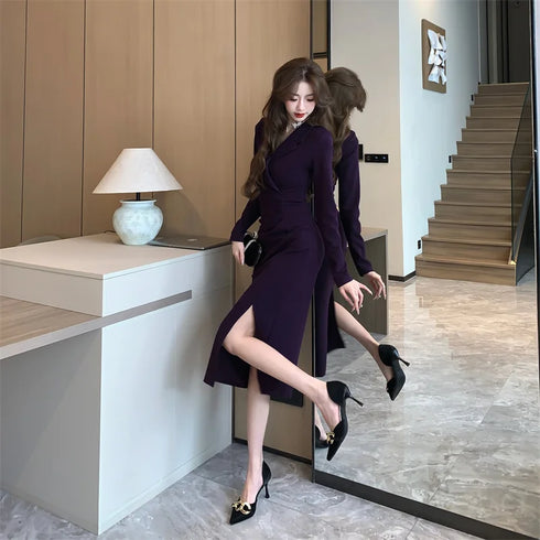 Purpled Elegant Pleated Bodycon Suit Dress for Women Chic Formal Dress