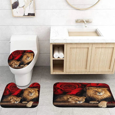 4 Piece Doormat Shower Curtain Set with Non-Slip Rugs Toilet Seat Cover and Bath Carpet for Bathroom Decor
